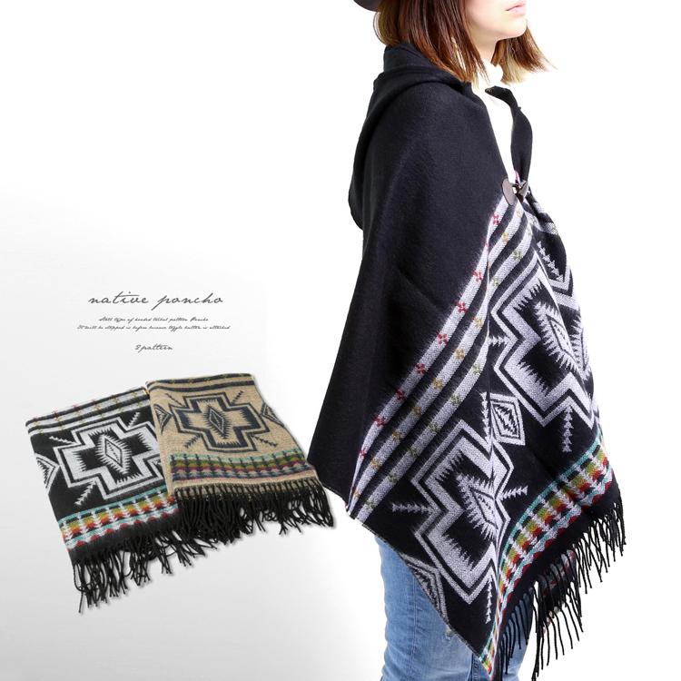 ポンチョ ストール ネイティブ 民族柄 ボタン フード付き レディース メンズ コート マント 大判 ケープ 秋冬 M H A Style 通販 Yahoo ショッピング