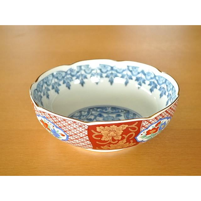 古皿　中鉢20cm 青と赤と金の花模様の陶器皿　骨董品　ボウル 食器 和食器 おしゃれ 大鉢 染め錦赤絵桔梗7.0ドラ鉢 モダン 美濃焼
