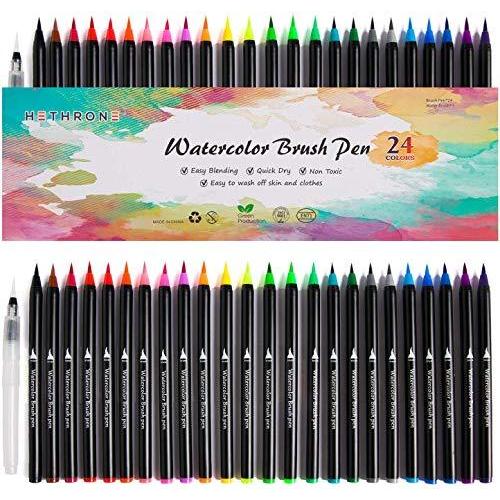 Hethrone 水彩毛筆 24色セット カラーペン ふでペン 水性ペン こども 水ペン