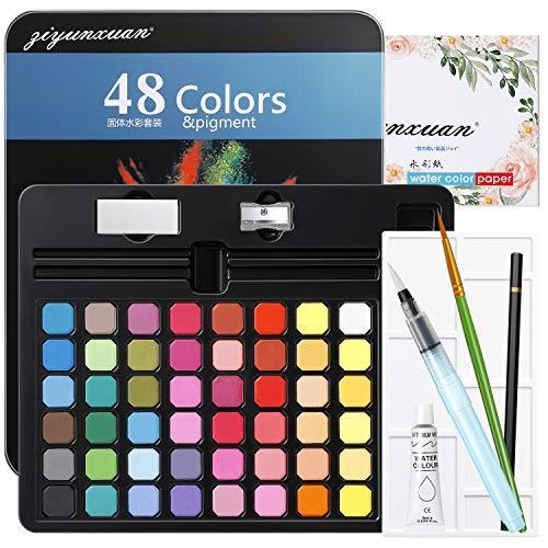 絵の具 48色透明水彩 水彩絵の具セット 固形水彩 水彩画用紙8枚 水筆入り パレット 鉄ボックス付き 水彩風 水彩画 風景画 透明 鮮やか にじみ S みかんstore 通販 Yahoo ショッピング