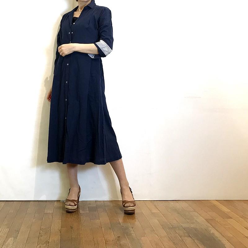 コムアンファム シャツワンピース 七分袖 紺 カーキ COMME UNE FEMME