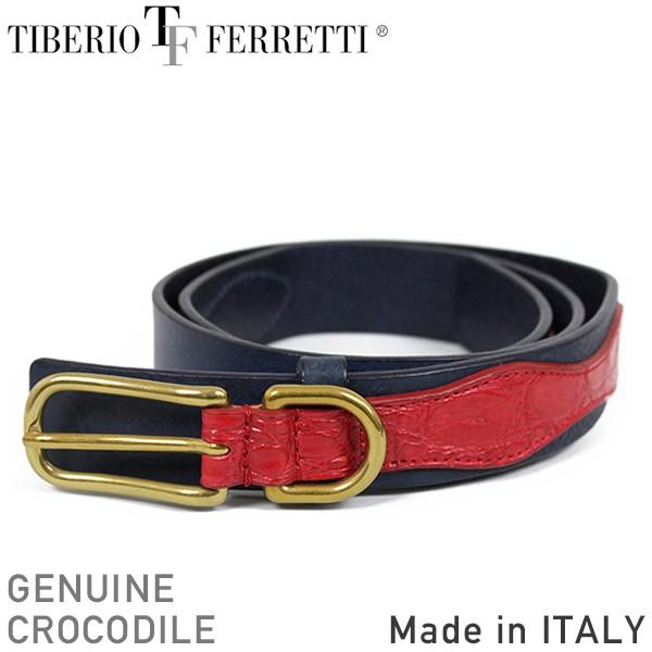 TIBERIO FERRETTI ティベリオ フェレッティ 9163 メンズ クロコダイル レザーベルト NAVY/RED ネイビー レッド MADE IN ITALY イタリア製 送料無料｜miami-records