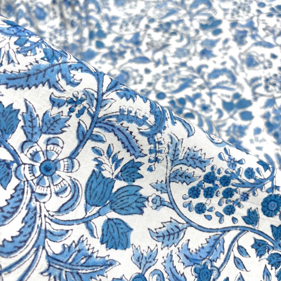 訳あり☆インド ブロックプリントキルト 大判 青白花柄 訳あり☆インド