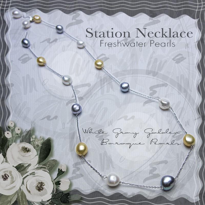 淡水パール ステーションネックレス 大粒バロック 白 グレー  