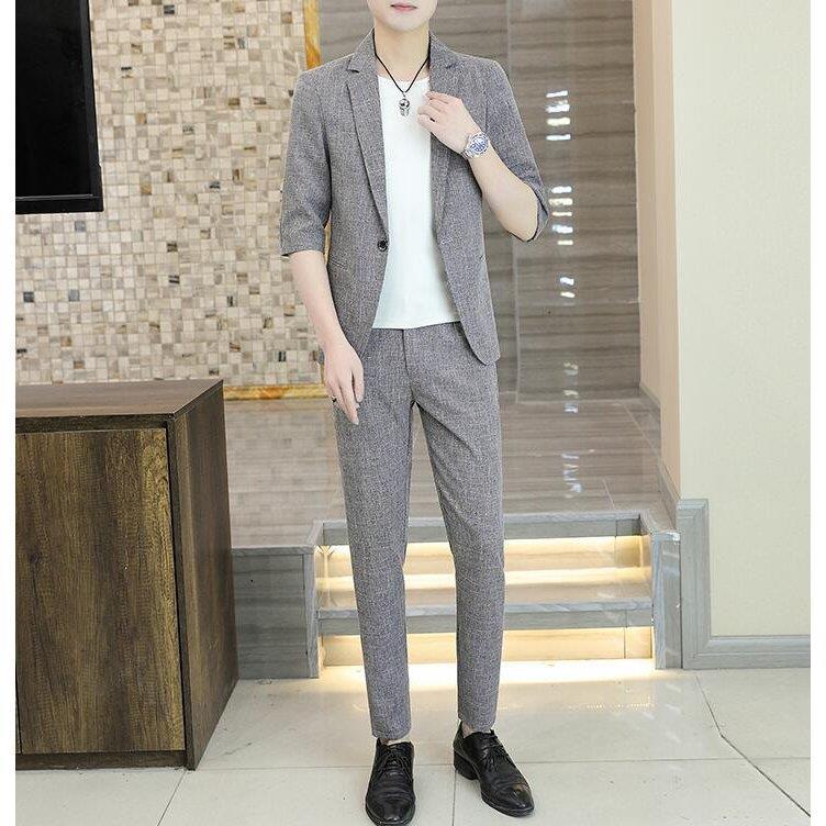 メーカー直売 2点セット 韓国風 パンツ 7分丈ジャケット メンズスーツ 上下セット パンツスーツ カジュアルスーツ スーツ メンズ 細身スーツ セットアップ ビジネススーツ カジュアル スリムスーツ シングルスーツ メンズ スーツ 夏 ビジネススーツ
