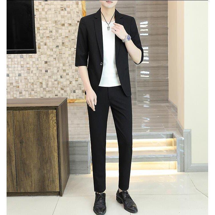 お1人様1点限り 2点セット 韓国風 パンツ 7分丈ジャケット メンズスーツ 上下セット パンツスーツ カジュアルスーツ スーツ メンズ 細身スーツ セットアップ ビジネススーツ カジュアル スリムスーツ シングルスーツ メンズ スーツ 夏 ビジネススーツ