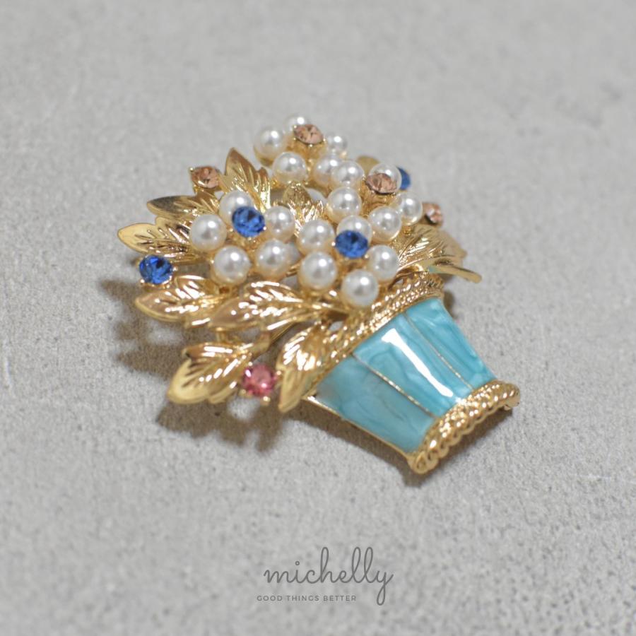 ブローチ フラワーポット 花かご ピンク ブルー ゴールド ラインストーン | ブランド登録なし | 06