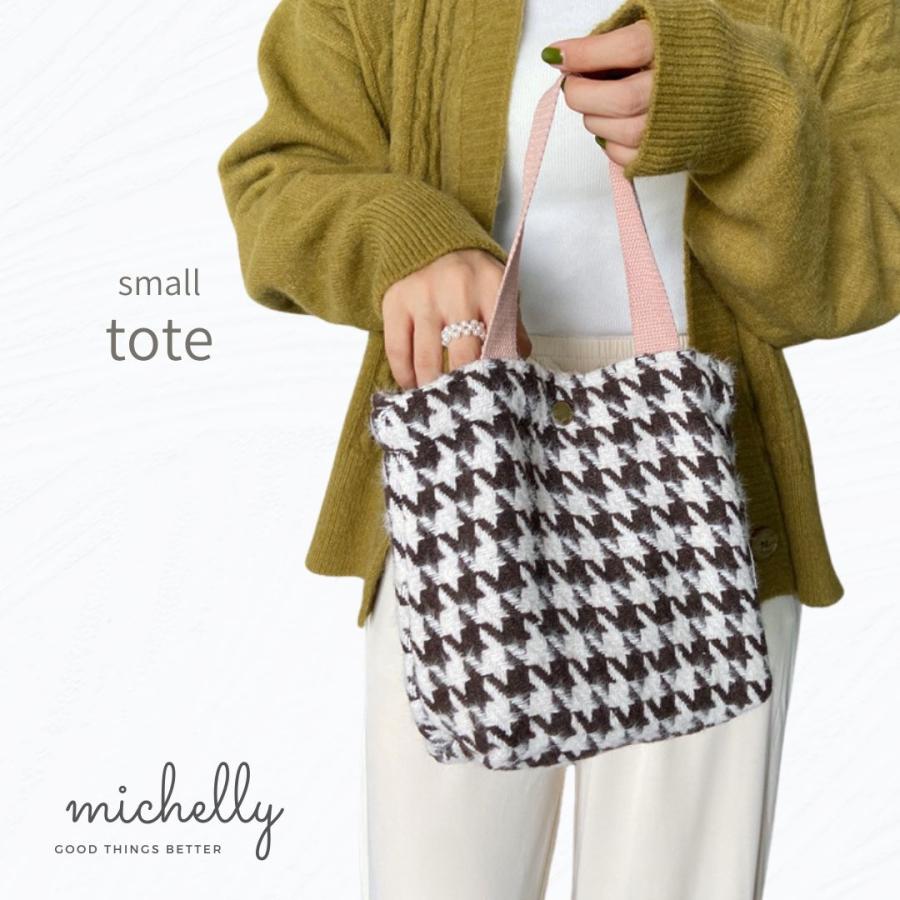 トートバッグ ミニ 小さめ 千鳥格子 モヘア レディース 布 秋冬 シンプル ブラウン ピンク | ブランド登録なし