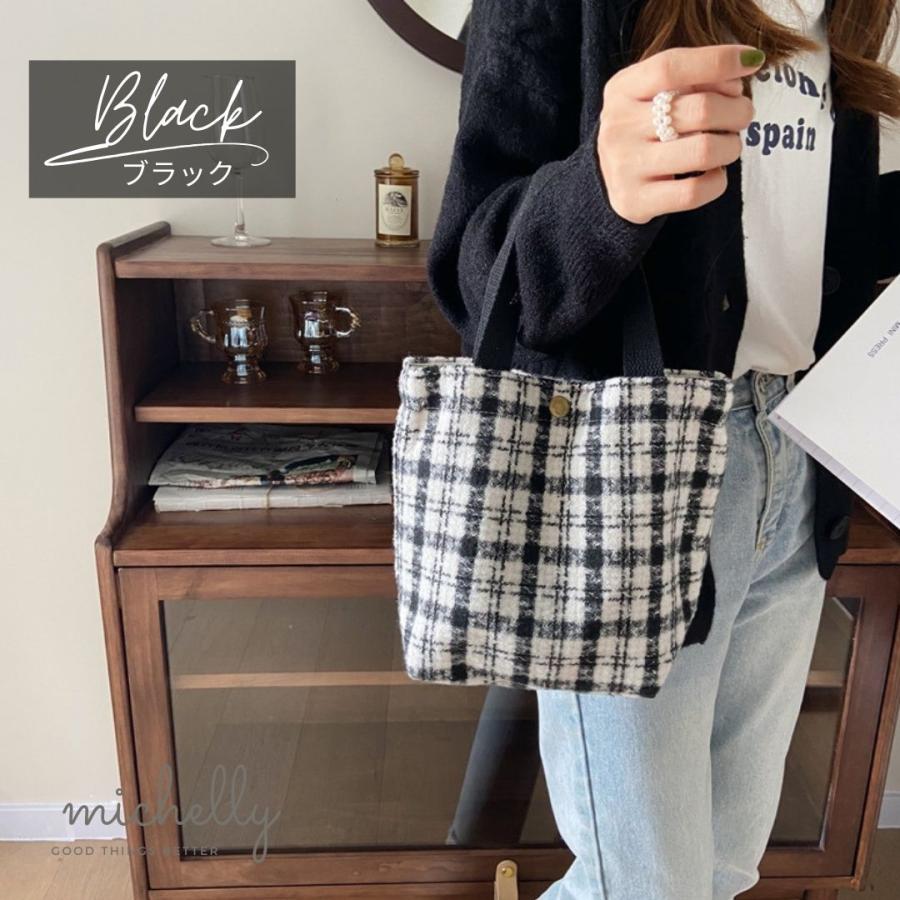 トートバッグ ミニ 小さめ チェック ブラック 黒 ボルドー ウール 軽い 秋冬 シンプル ランチ 布 | ブランド登録なし | 01