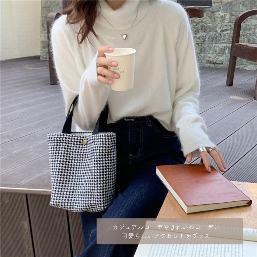 トートバッグ ミニ 小さめ 千鳥格子 ツイード レディース 布 秋冬 シンプル 普段使い ブラック 黒 | ブランド登録なし | 05