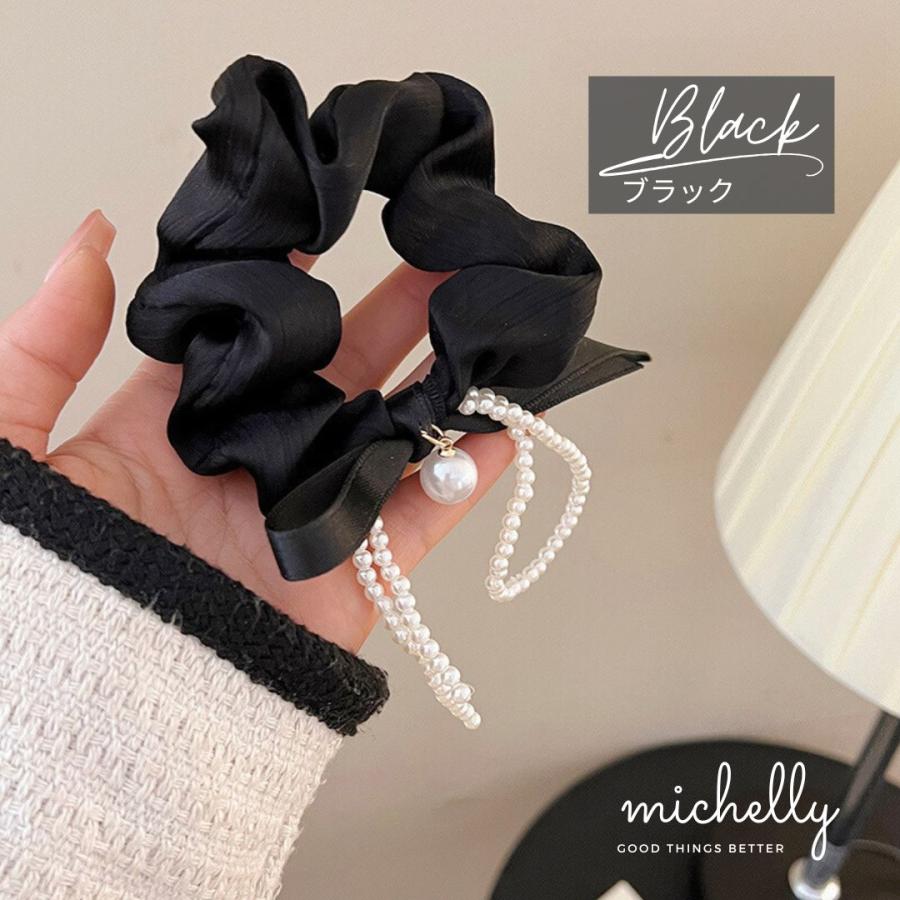 シュシュ パール リボン 黒 白 ヘアアレンジ ヘアゴム 大きめ サテン ヘアゴム おしゃれ アクセサリー | ブランド登録なし | 01