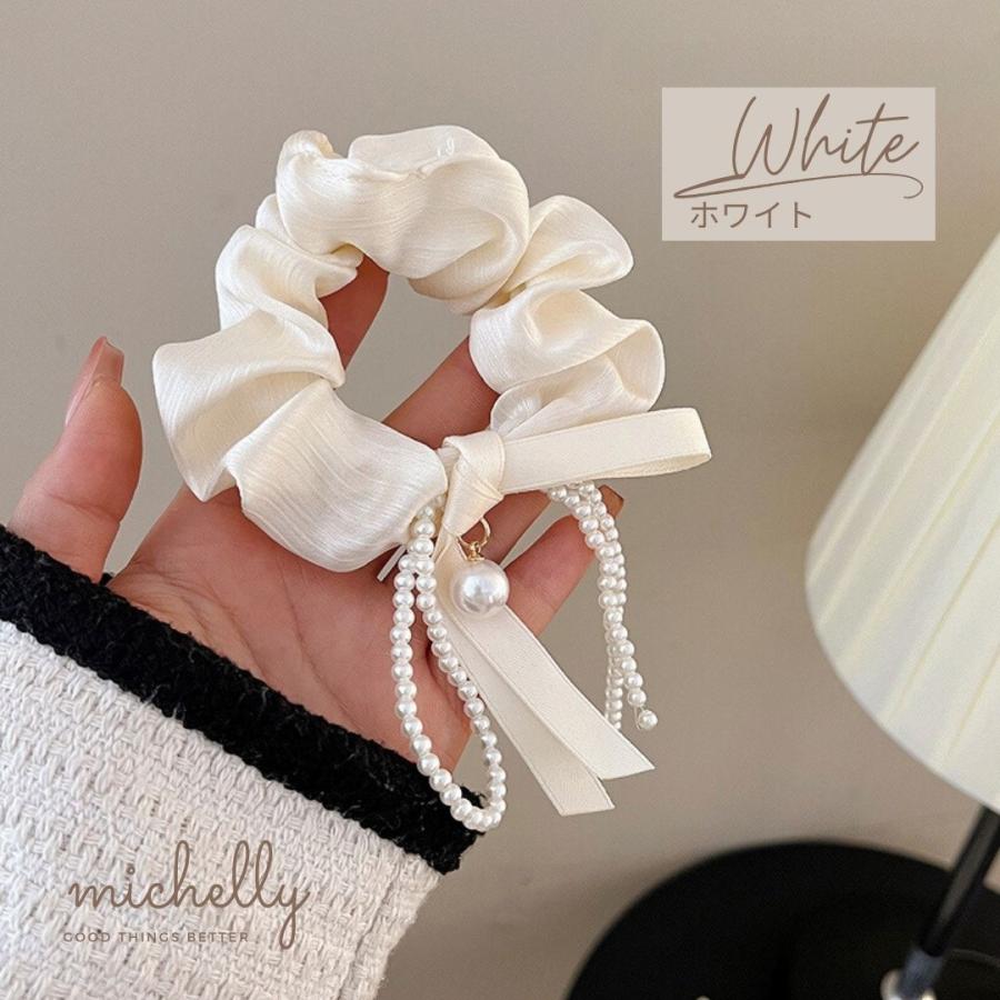 シュシュ パール リボン 黒 白 ヘアアレンジ ヘアゴム 大きめ サテン ヘアゴム おしゃれ アクセサリー | ブランド登録なし | 02