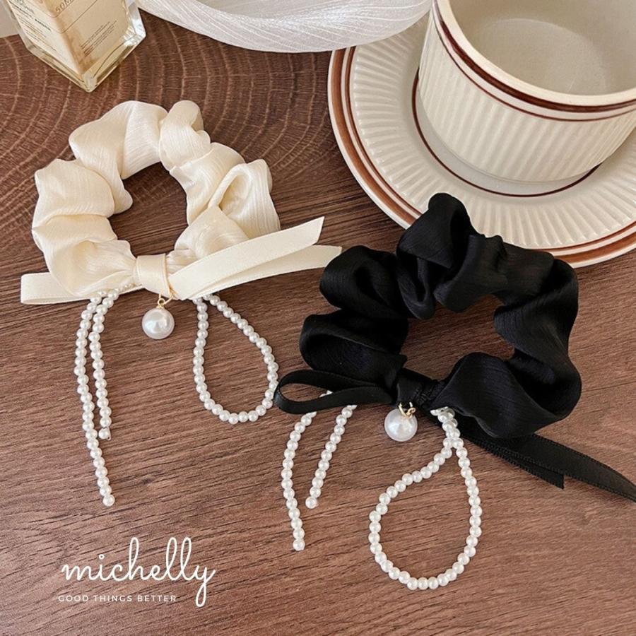 シュシュ パール リボン 黒 白 ヘアアレンジ ヘアゴム 大きめ サテン ヘアゴム おしゃれ アクセサリー | ブランド登録なし | 03