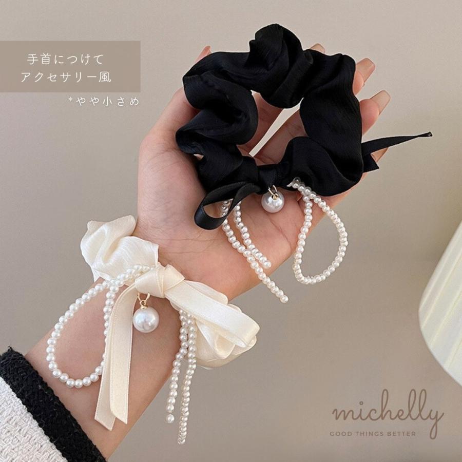 シュシュ パール リボン 黒 白 ヘアアレンジ ヘアゴム 大きめ サテン ヘアゴム おしゃれ アクセサリー | ブランド登録なし | 06