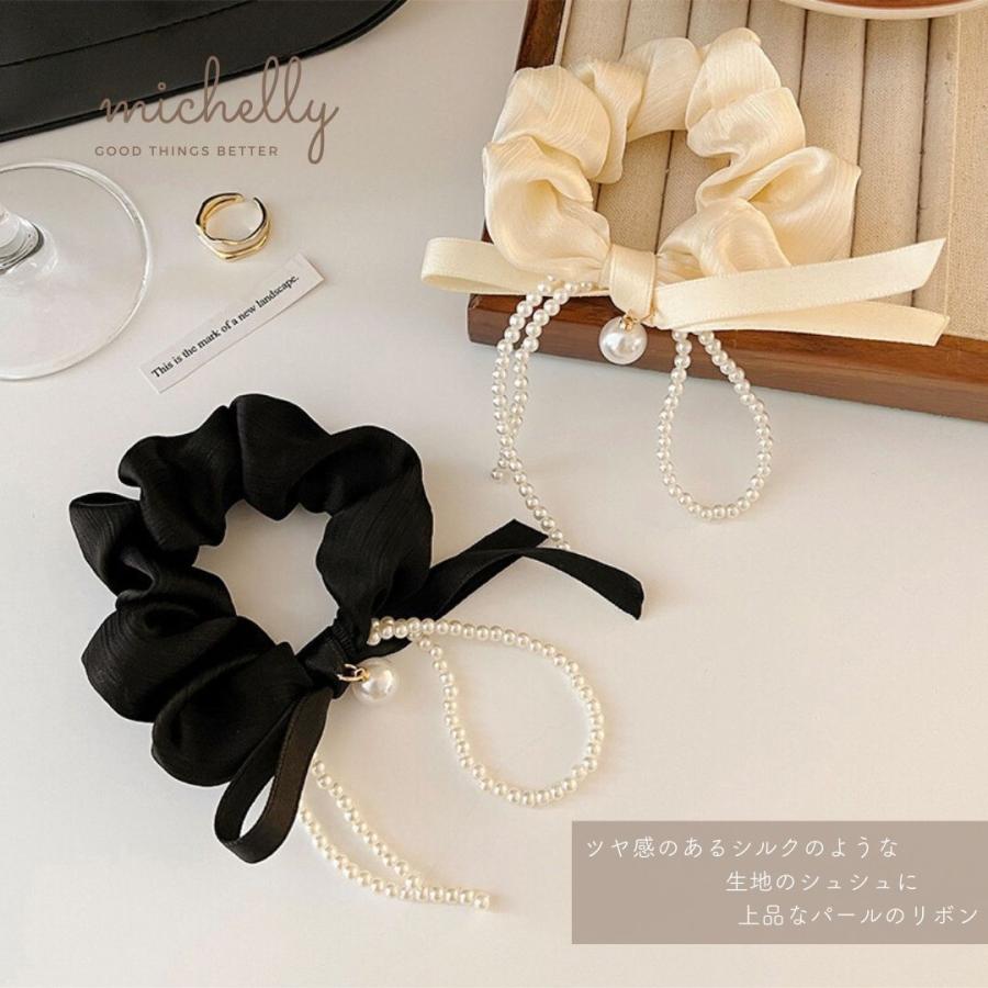シュシュ パール リボン 黒 白 ヘアアレンジ ヘアゴム 大きめ サテン ヘアゴム おしゃれ アクセサリー | ブランド登録なし | 07