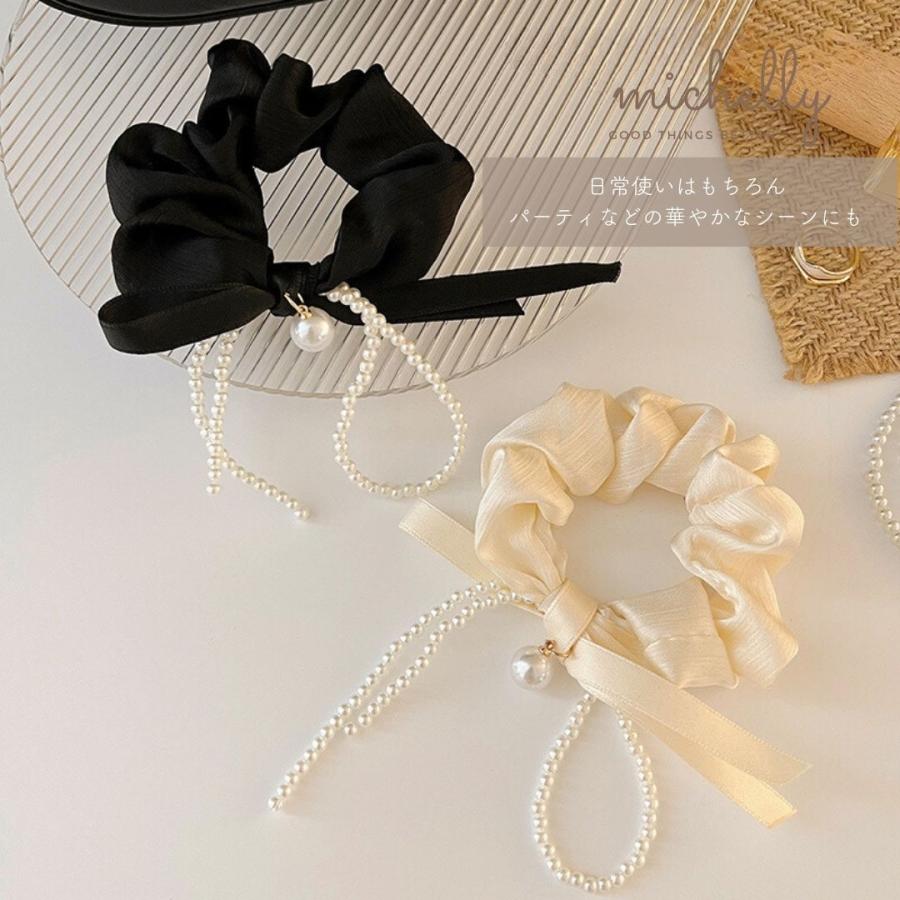シュシュ パール リボン 黒 白 ヘアアレンジ ヘアゴム 大きめ サテン ヘアゴム おしゃれ アクセサリー | ブランド登録なし | 08