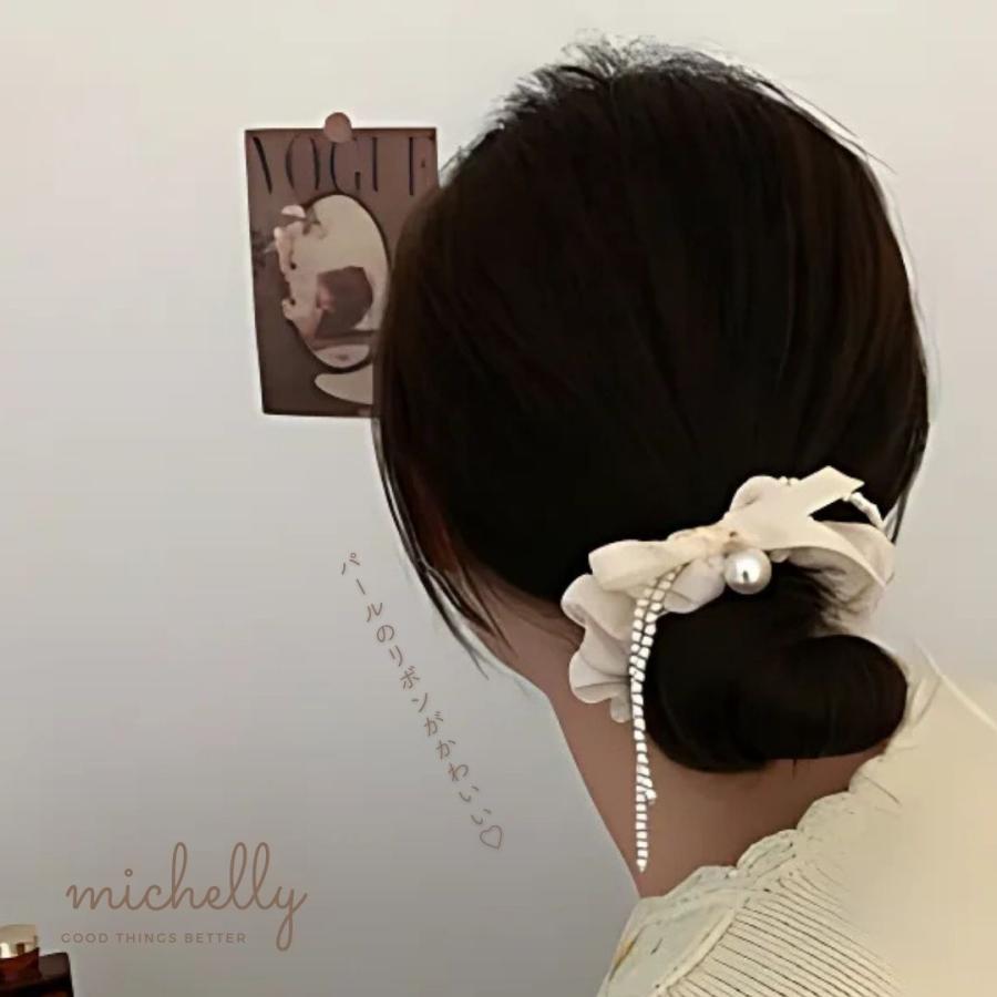 シュシュ パール リボン 黒 白 ヘアアレンジ ヘアゴム 大きめ サテン ヘアゴム おしゃれ アクセサリー | ブランド登録なし | 09