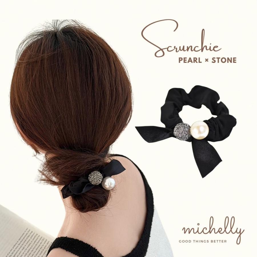 シュシュ パール ストーン リボン まとめ髪 ヘアアレンジ ヘアゴム ブラック 黒 きれいめ サテン | ブランド登録なし