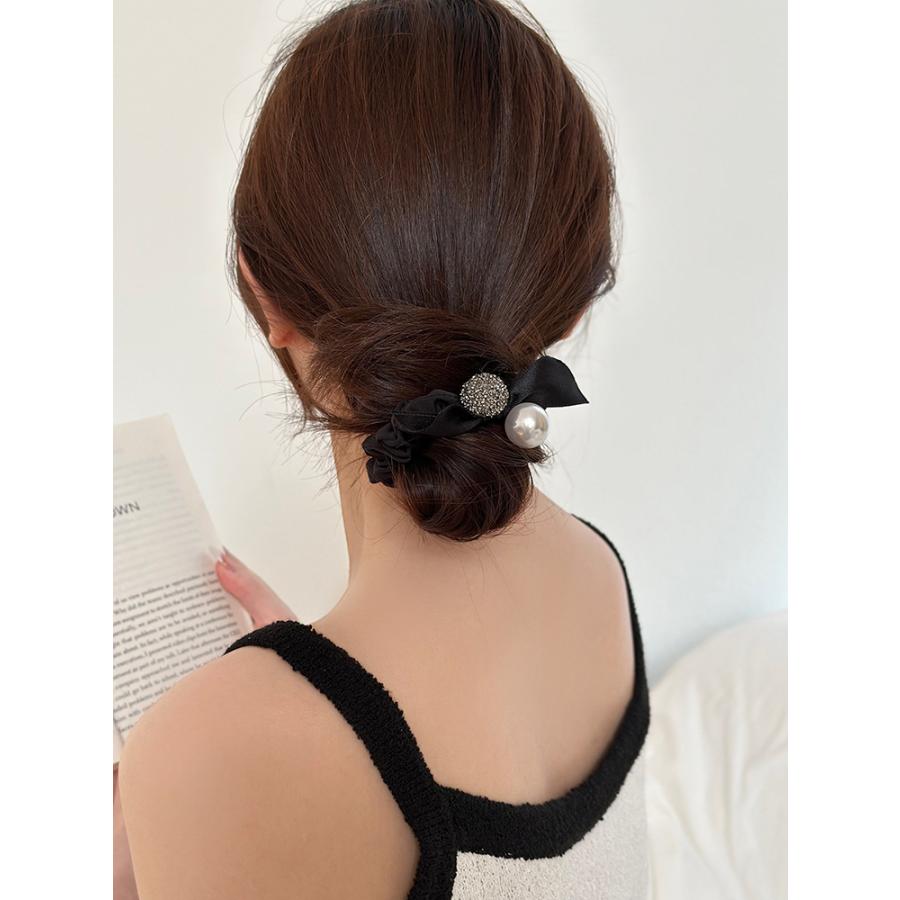 シュシュ パール ストーン リボン まとめ髪 ヘアアレンジ ヘアゴム ブラック 黒 きれいめ サテン | ブランド登録なし | 14