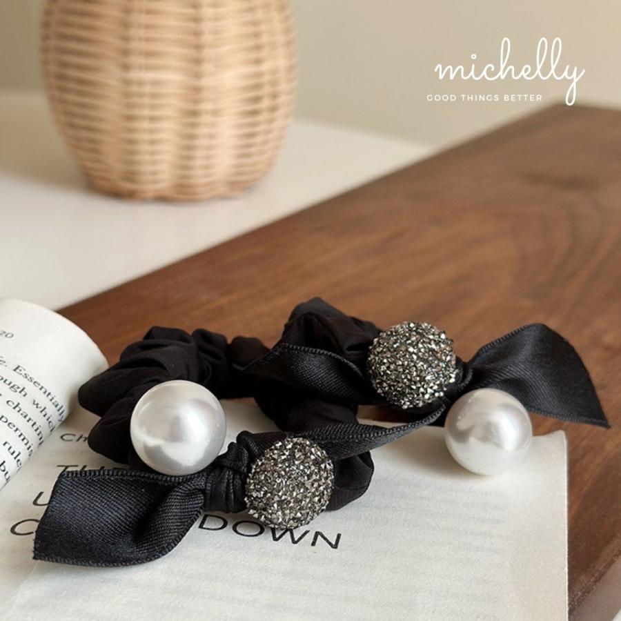 シュシュ パール ストーン リボン まとめ髪 ヘアアレンジ ヘアゴム ブラック 黒 きれいめ サテン | ブランド登録なし | 02