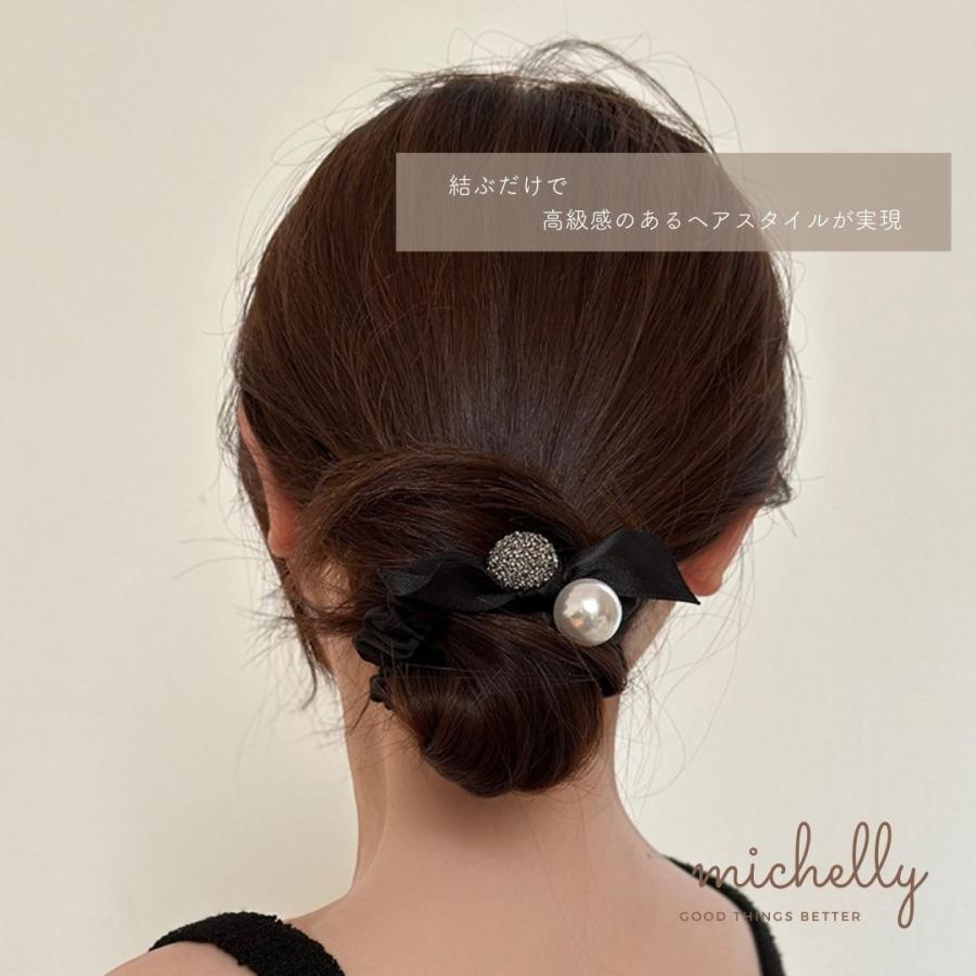 シュシュ パール ストーン リボン まとめ髪 ヘアアレンジ ヘアゴム ブラック 黒 きれいめ サテン | ブランド登録なし | 04