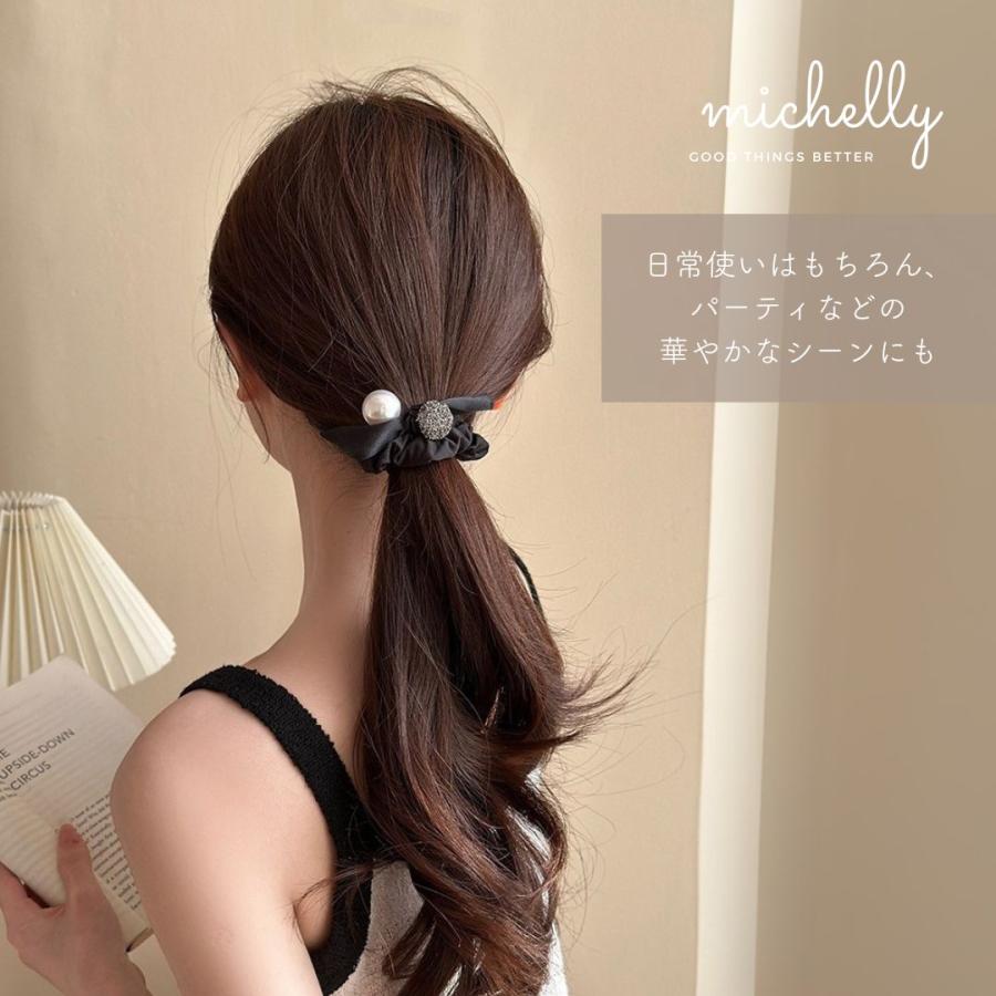 シュシュ パール ストーン リボン まとめ髪 ヘアアレンジ ヘアゴム ブラック 黒 きれいめ サテン | ブランド登録なし | 06
