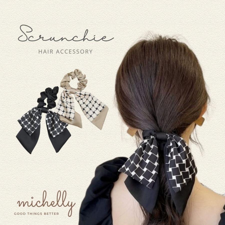シュシュ リボン 格子 柄 黒 ベージュ ブラック 大きめ サテン 大人 きれいめ 上品 かわいい おしゃれ | ブランド登録なし
