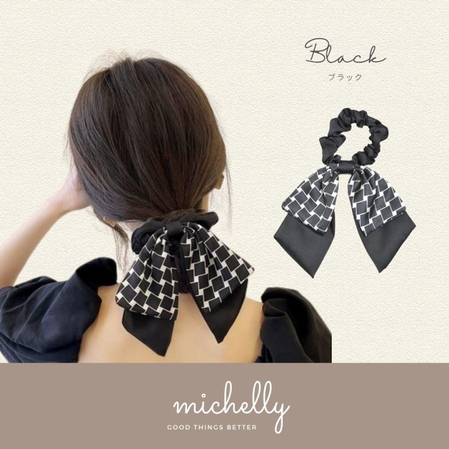 シュシュ リボン 格子 柄 黒 ベージュ ブラック 大きめ サテン 大人 きれいめ 上品 かわいい おしゃれ | ブランド登録なし | 01