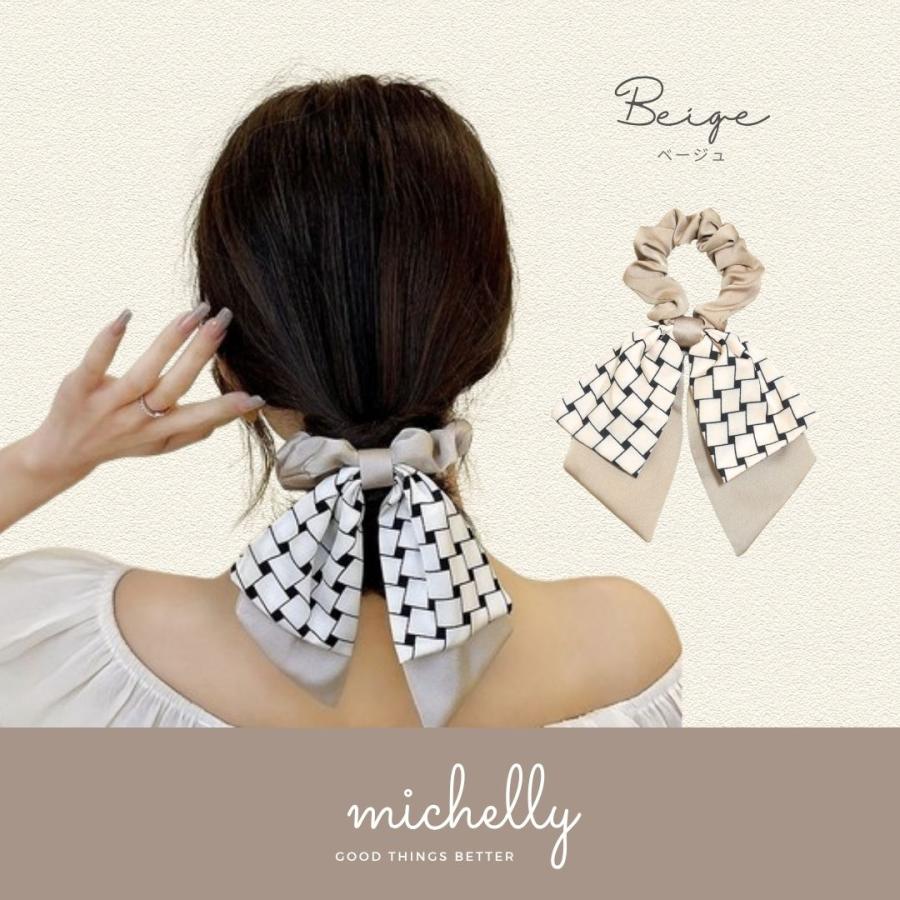 シュシュ リボン 格子 柄 黒 ベージュ ブラック 大きめ サテン 大人 きれいめ 上品 かわいい おしゃれ | ブランド登録なし | 02