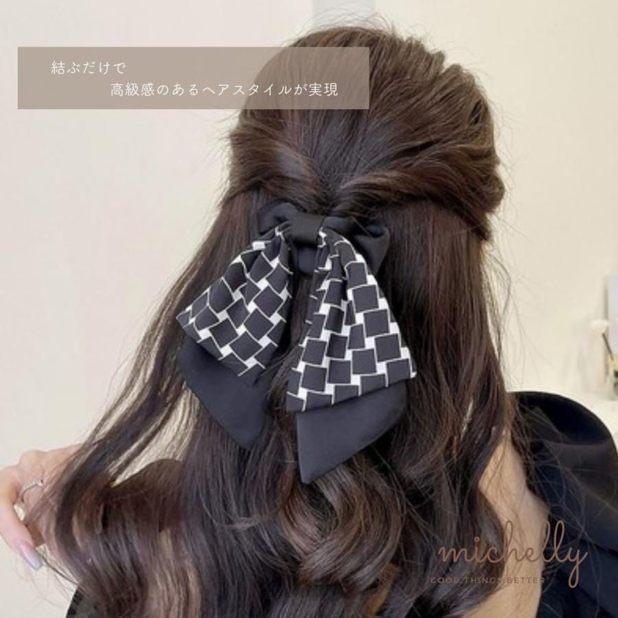 シュシュ リボン 格子 柄 黒 ベージュ ブラック 大きめ サテン 大人 きれいめ 上品 かわいい おしゃれ | ブランド登録なし | 03