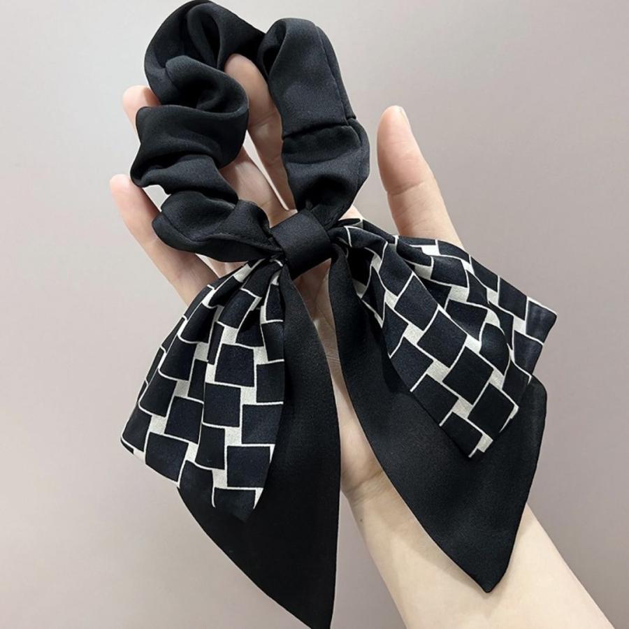 シュシュ リボン 格子 柄 黒 ベージュ ブラック 大きめ サテン 大人 きれいめ 上品 かわいい おしゃれ | ブランド登録なし | 08