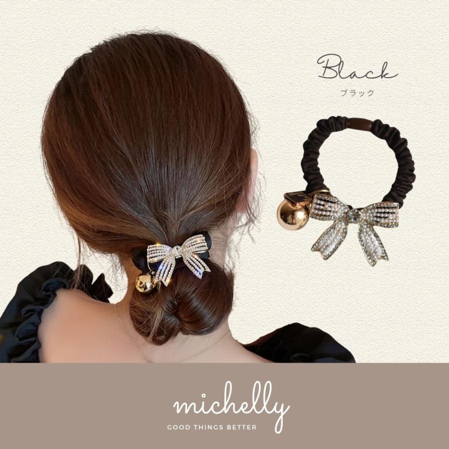 ヘアゴム リボン キラキラ ビジュー シュシュ ブラック ブラウン ゴールド サテン 大人かわいい 髪ゴム | ブランド登録なし | 01