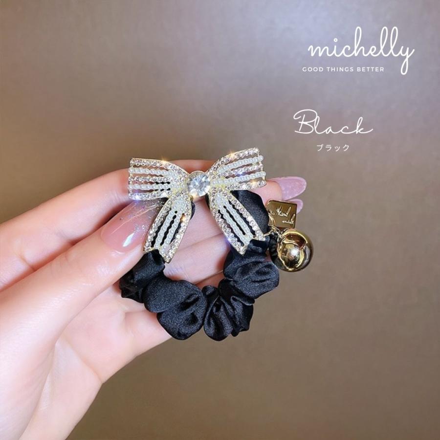 ヘアゴム リボン キラキラ ビジュー シュシュ ブラック ブラウン ゴールド サテン 大人かわいい 髪ゴム | ブランド登録なし | 03
