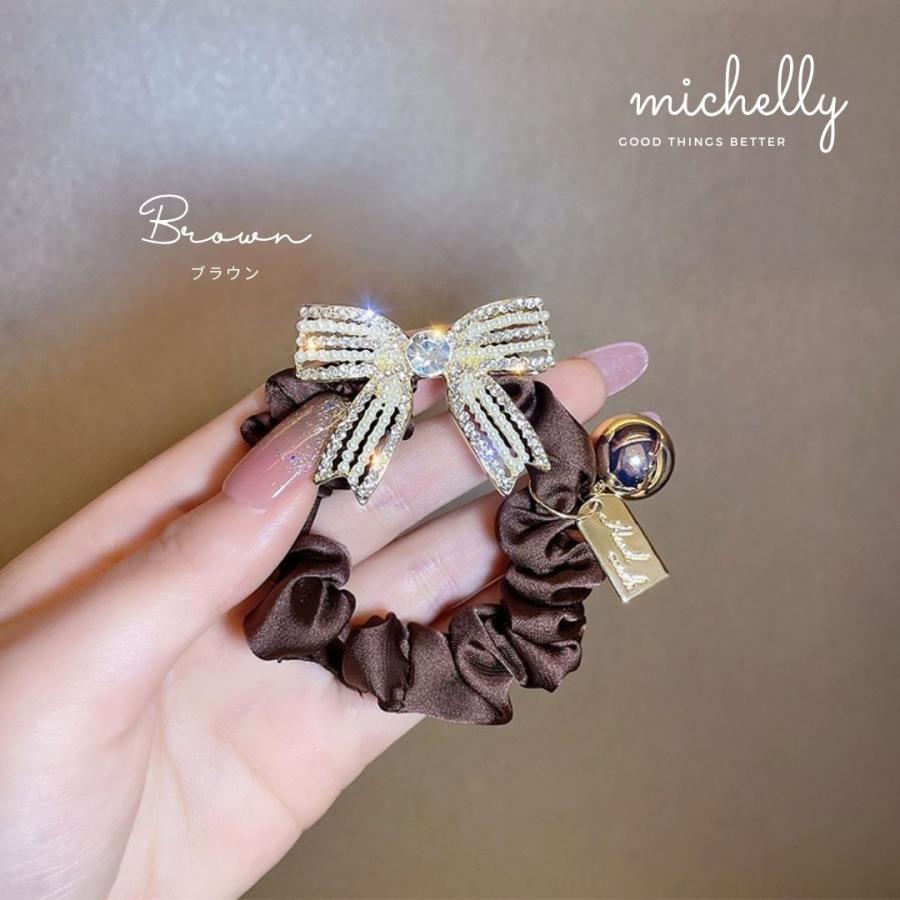 ヘアゴム リボン キラキラ ビジュー シュシュ ブラック ブラウン ゴールド サテン 大人かわいい 髪ゴム | ブランド登録なし | 04