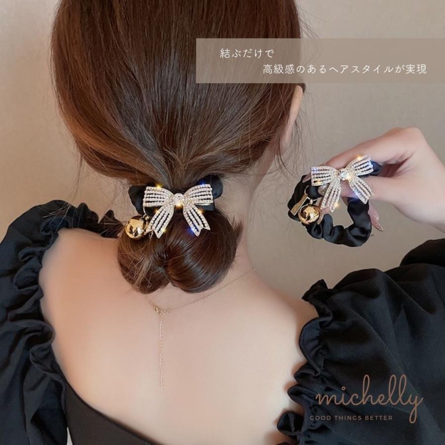ヘアゴム リボン キラキラ ビジュー シュシュ ブラック ブラウン ゴールド サテン 大人かわいい 髪ゴム | ブランド登録なし | 06