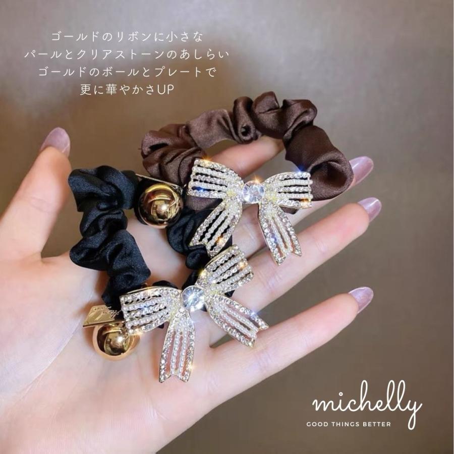 ヘアゴム リボン キラキラ ビジュー シュシュ ブラック ブラウン ゴールド サテン 大人かわいい 髪ゴム | ブランド登録なし | 07