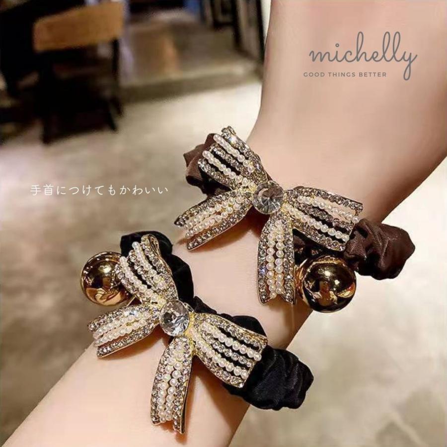 ヘアゴム リボン キラキラ ビジュー シュシュ ブラック ブラウン ゴールド サテン 大人かわいい 髪ゴム | ブランド登録なし | 08