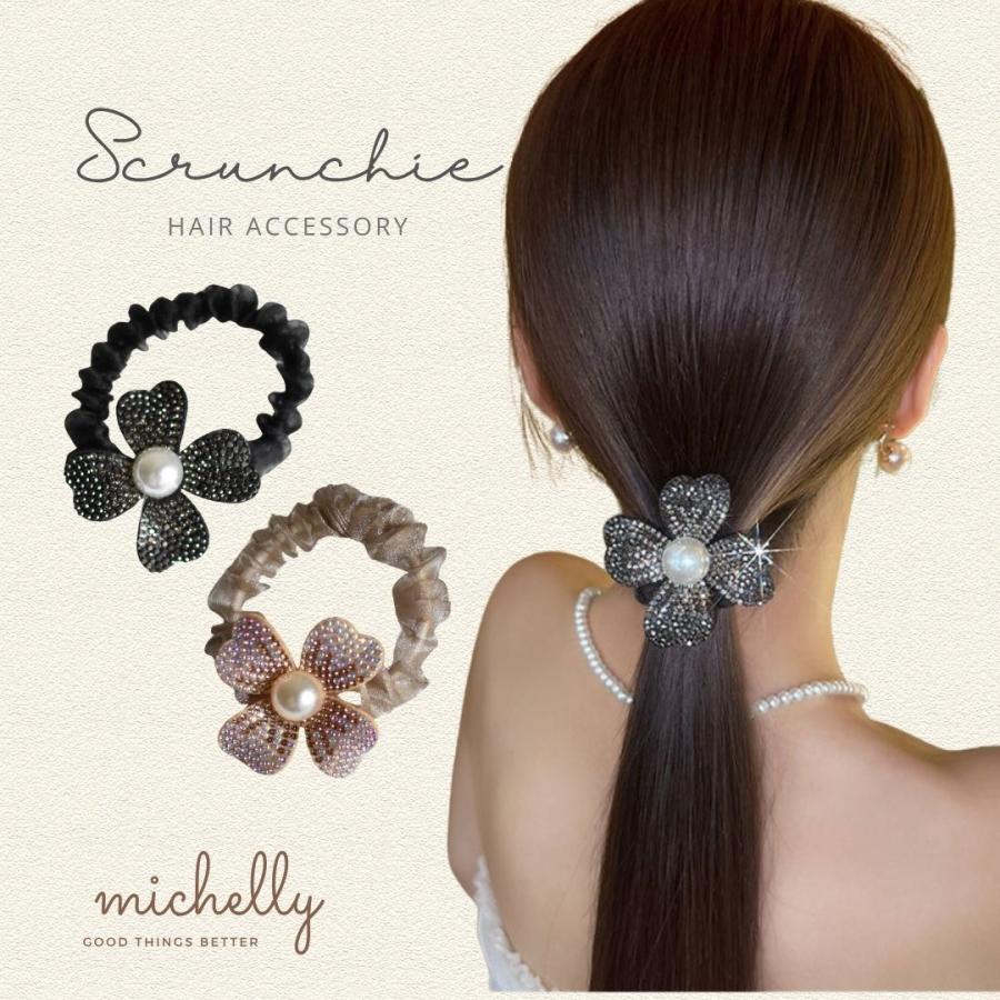 シュシュ パール フラワー ヘアゴム 髪ゴム リボン ラインストーン ビジュー キラキラ ブラック 黒 ベージュ | ブランド登録なし