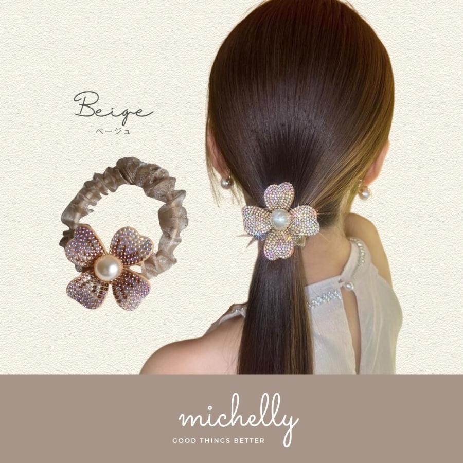シュシュ パール フラワー ヘアゴム 髪ゴム リボン ラインストーン ビジュー キラキラ ブラック 黒 ベージュ | ブランド登録なし | 02