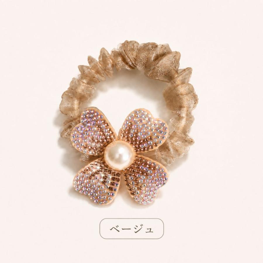 シュシュ ヘアゴム フラワー パール 花モチーフ ブラック ベージュ まとめ髪 大人かわいい 上品 きれいめ 爆買 | ブランド登録なし | 02