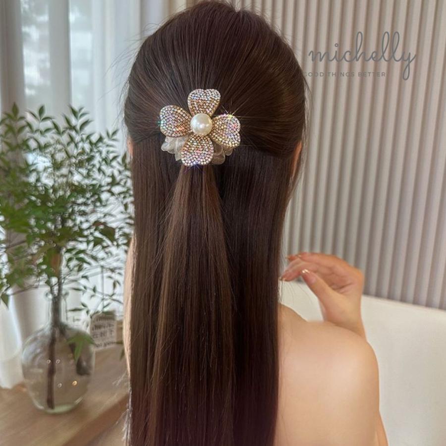 シュシュ パール フラワー ヘアゴム 髪ゴム リボン ラインストーン ビジュー キラキラ ブラック 黒 ベージュ | ブランド登録なし | 06