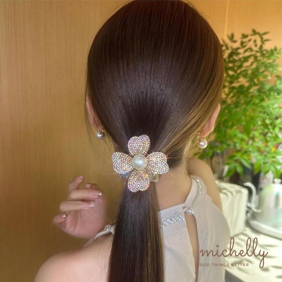シュシュ パール フラワー ヘアゴム 髪ゴム リボン ラインストーン ビジュー キラキラ ブラック 黒 ベージュ | ブランド登録なし | 07