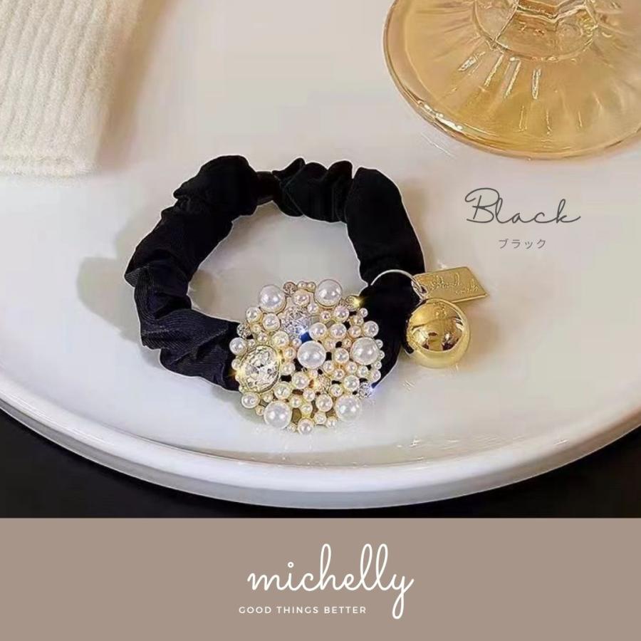 ヘアゴム パール ビジュー シュシュ 上品 高見え 結婚式 ブラック ブラウン サテン ゴールド ヘアアレンジ | ブランド登録なし | 01