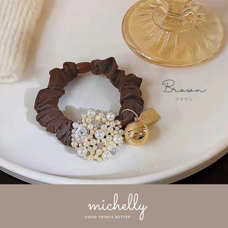 ヘアゴム パール ビジュー シュシュ 上品 高見え 結婚式 ブラック ブラウン サテン ゴールド ヘアアレンジ | ブランド登録なし | 02