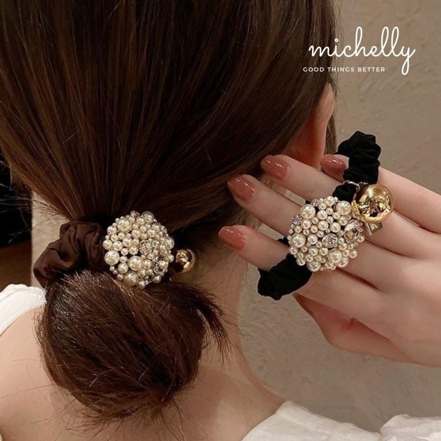 ヘアゴム パール ビジュー シュシュ 上品 高見え 結婚式 ブラック ブラウン サテン ゴールド ヘアアレンジ | ブランド登録なし | 08