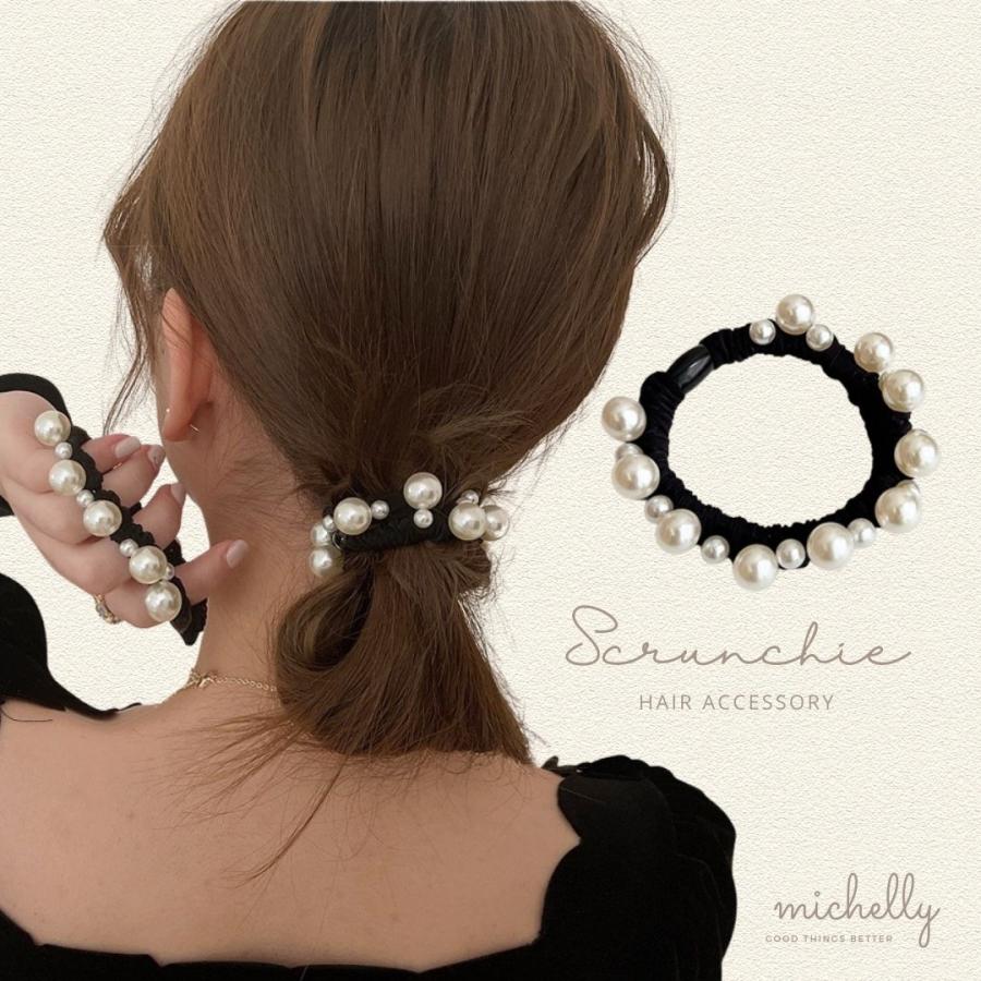 シュシュ パール おしゃれ 黒 ブラック 切れにくい 太め ヘアゴム フォーマル 大人可愛い まとめ髪 ヘアアクセ 上品 | ブランド登録なし