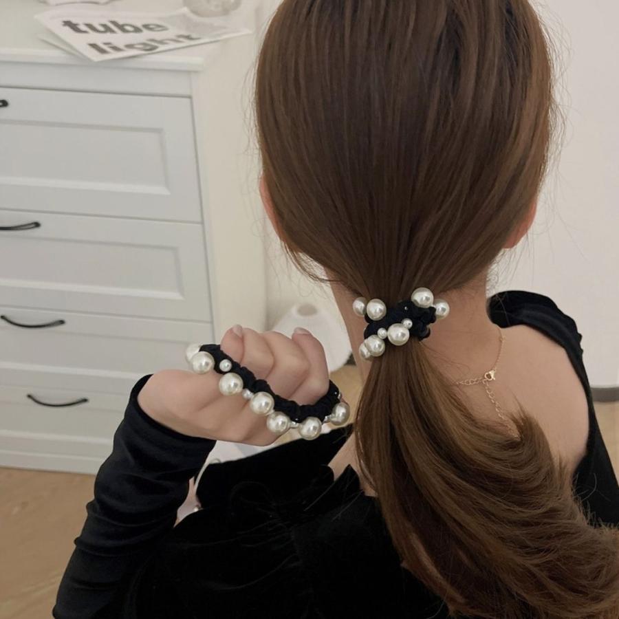 シュシュ パール おしゃれ 黒 ブラック 切れにくい 太め ヘアゴム フォーマル 大人可愛い まとめ髪 ヘアアクセ 上品 | ブランド登録なし | 03