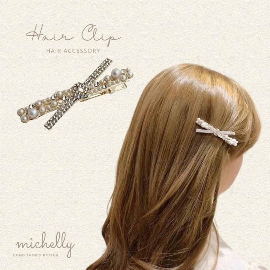 ヘアクリップ クロス パール ラインストーン リボン ヘアピン 髪留め きらきら 可愛い 上品 大人 アクセサリー | ブランド登録なし