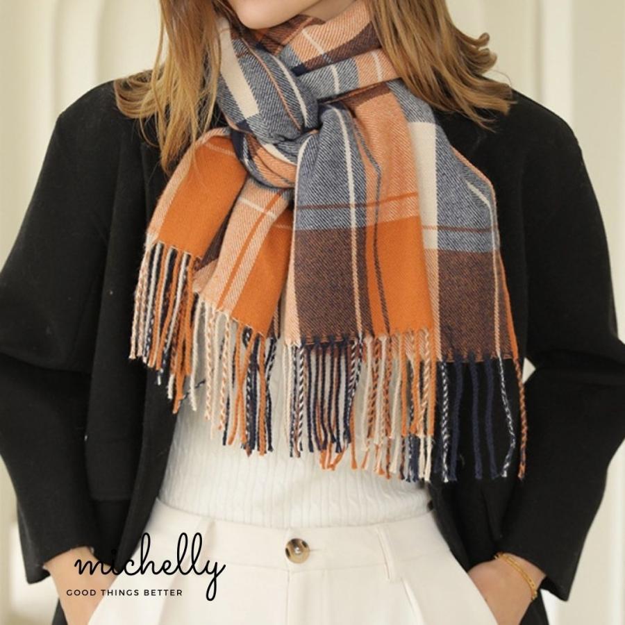 ストール 大判 マフラー チェック柄 秋冬 薄手 軽い オレンジ ブルー 通勤 通学 オフィス ひざ掛け 定番 | ブランド登録なし | 09