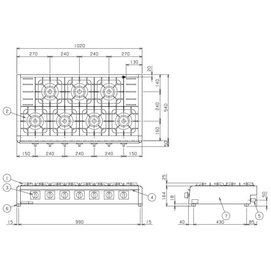 M-827C　都市ガス　LPガス　処分　プロパンガス　新品　設置　回収　ガステーブルコンロ　別料金にて　業務用　入替　7口　幅1020×奥行540×高さ164　マルゼン　廃棄